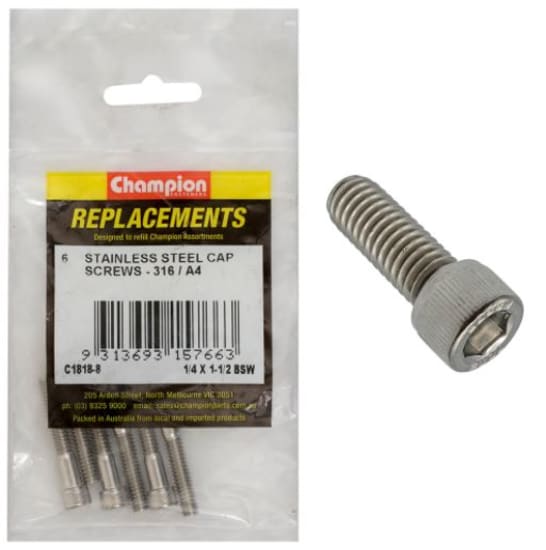 Premium 1/4" x 1-1/2" BSW socket cap screws in 316 stainless steel, resistant to rust, ideal for various projects. 6-pack included.