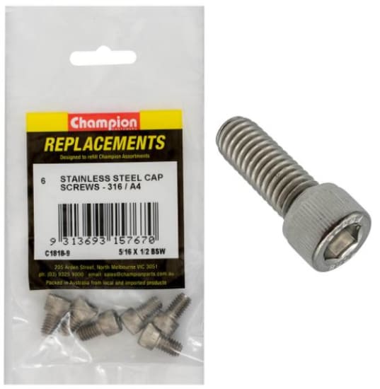 5/16" x 1/2" BSW socket cap screws in a 6-pack, made from durable 316/A4 stainless steel for corrosion resistance.