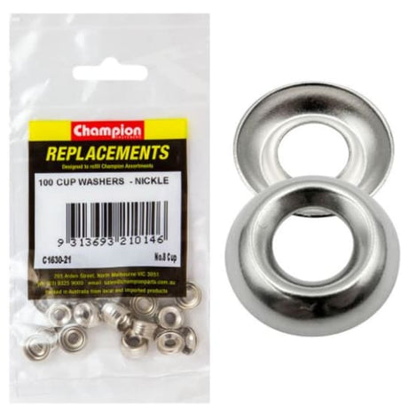 Pack of 100 Champion 8G Cup Washers, designed for efficient cleaning in kitchens, ideal for commercial and residential use.