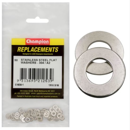 Stainless steel flat washers 1/8" x 5/16" -50pk, corrosion-resistant, ideal for construction and automotive projects.