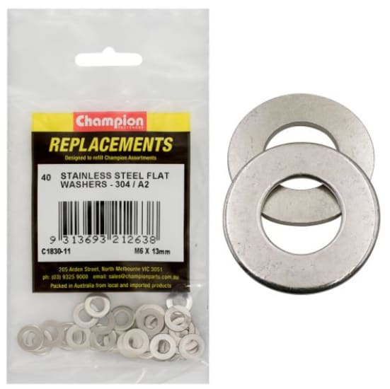 M6 x 13mm stainless flat washers in a 40-pack, offering strength, durability, and corrosion resistance for various projects.