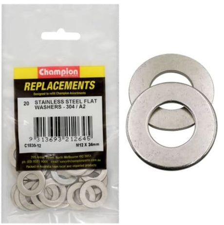 Pack of 20 Champion M12 x 24mm stainless flat washers for durable, corrosion-resistant fastening projects.