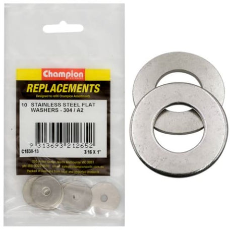 Stainless steel flat washer pack of 10, 3/16" inner diameter, 1" outer diameter for load distribution and surface protection.