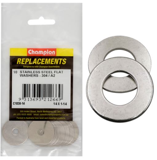 1/4" x 1-1/4" Stainless Flat Washer 304/A2 -10pk