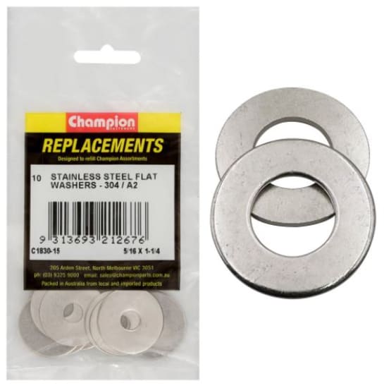 5/16" x 1-1/4" stainless flat washers, 10-pack, high corrosion resistance for durable fastening in various projects.