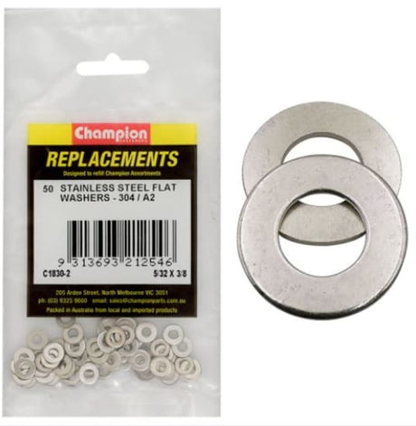 5/3" x 3/8" stainless flat washers in a 50-pack, corrosion-resistant, perfect for automotive and construction projects.