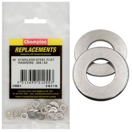 3/16" x 7/16" stainless steel flat washers, 50-pack, designed for durability and corrosion resistance in various applications.