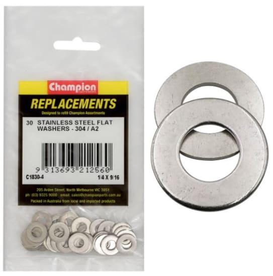 1/4" x 9/16" stainless steel flat washers in a 30-pack, designed for load distribution and surface protection in various applications.