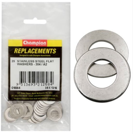 3/8" x 13/16" stainless flat washer pack, 25 durable washers for stable fastener connections, rust and corrosion resistant.