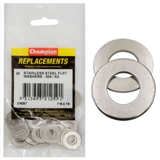 Premium 20-pack of 7/16" x 7/8" stainless steel flat washers for enhanced durability and rust resistance in various projects.