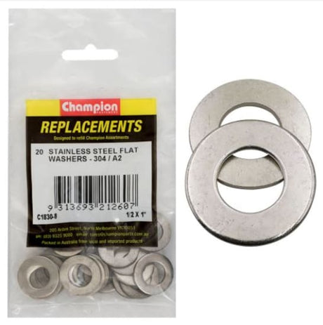 Durable 1/2" x 1" stainless flat washers in a 20-pack, ideal for secure fastening in construction and DIY projects.