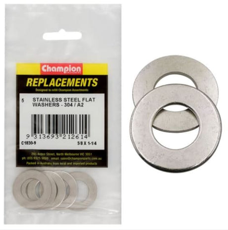 Durable 5/8" x 1-1/4" stainless flat washers in a 5-pack, resistant to rust and perfect for various applications.