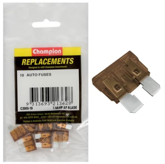 Champion 7.5Amp Standard Blade Fuses in a 10-pack, designed for automotive and DIY electrical safety and overload protection.