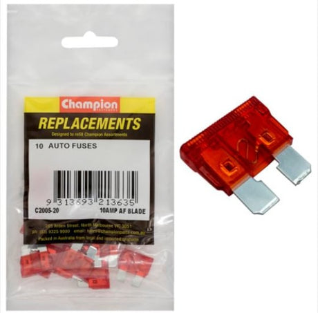 Red 10Amp standard blade fuses in a 10 pack, ideal for automotive and household electrical applications, ensuring safety and reliability.