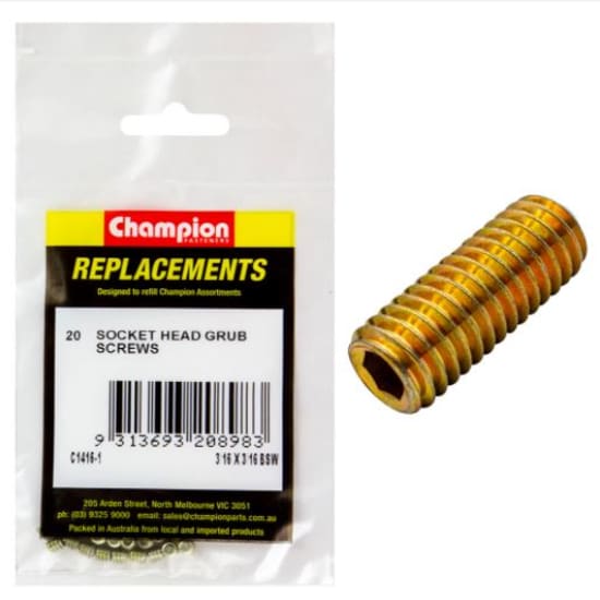 Pack of 20 Champion BSW Socket Grub Screws, 3/16" x 3/16", designed for precision fastening with a flush finish.