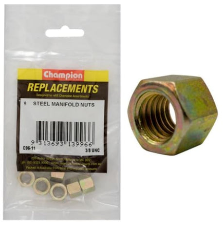 High-quality 3/8" UNC steel manifold nuts in an 8pk, designed for durable and reliable automotive and HVAC applications.