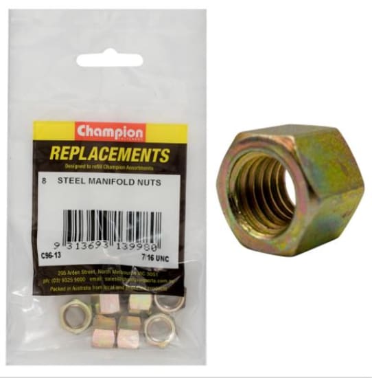 Durable 7/16" UNC steel manifold nuts in an 8-pack, designed for plumbing and automotive fastenings with reliable strength.