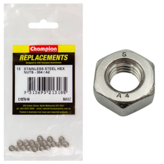 M4 X 0.7 stainless hex nuts in a 15-pack, featuring corrosion resistance and high durability for reliable fastening.