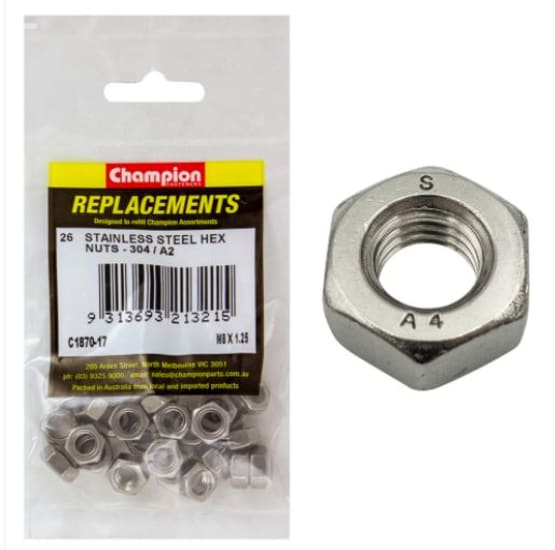 M8 x 1.25 stainless hex nuts in a 26-pack, durable, rust-resistant, ideal for various fastening tasks and easy to handle.