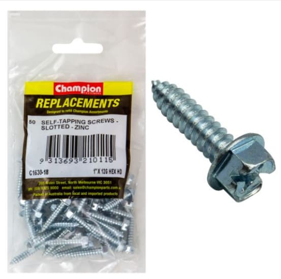 12G x 1" hex head Phillips tapping screws in a 50-pack, designed for durable fastening in metal, wood, and plastic projects.