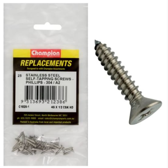 Premium 4G x 1/2" stainless steel tapping screws with countersunk head, ideal for diverse DIY and professional projects. Pack of 25.