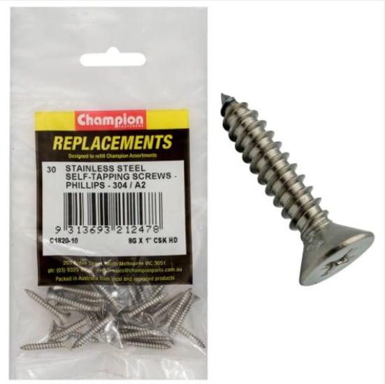 Premium 8G x1" stainless steel tapping screws with countersunk head and Phillips drive, ideal for DIY and professional projects.