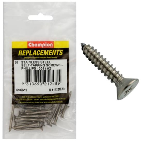 8G x 1-1/2" self-tapping screws, 20-pack, 304/A2 stainless steel, countersunk head for easy installation in metal and wood.