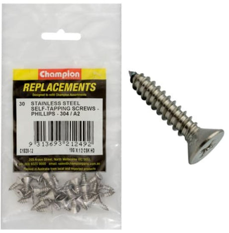 10G x 1/2" self-tapping screws with countersunk Phillips head, made of 304/A2 stainless steel, set of 30, for durable fastening.