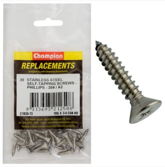 Stainless steel self-tapping Phillips screws, 10G x 3/4", Pack of 30, ideal for durable, rust-resistant fastening.