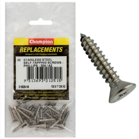 High-quality 10Gx1" stainless steel tapping screws in a 30-pack, ideal for woodworking and metalworking projects.