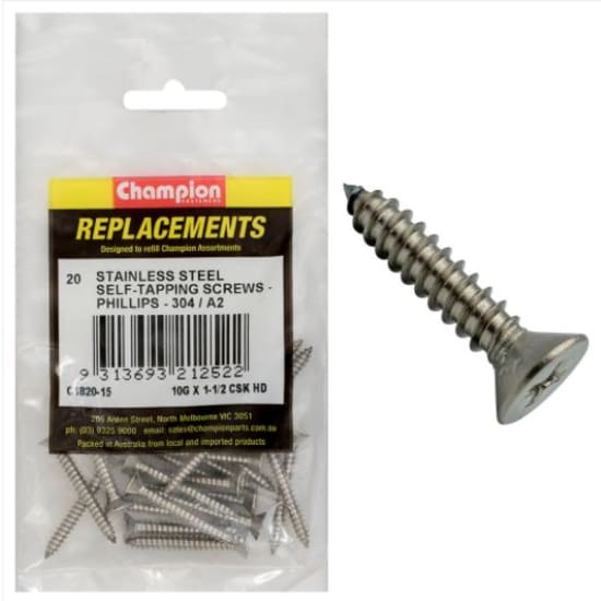 Self-tapping 10G x 1-1/2" screws with countersunk head, durable stainless steel, pack of 20, ideal for wood, metal, and plastic.