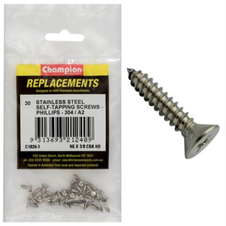 6G x 3/8" self-tapping screws with Phillips head, 304 stainless steel, durable for metal, wood, and plastic applications.