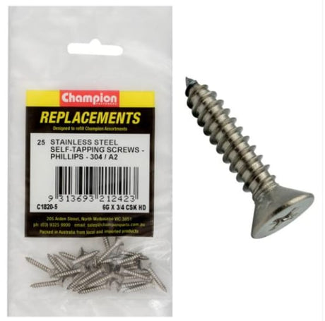 6G x 3/4" self-tapping screw, csk head, Phillips drive, 304/A2 stainless steel, 25-pack for durable indoor/outdoor use.