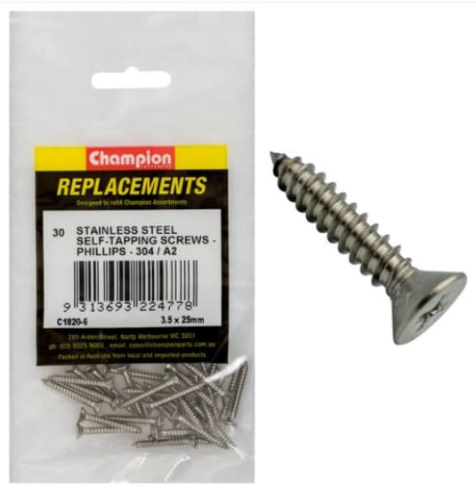 High-quality 304/A2 stainless steel tapping screws in 30-pack, featuring countersunk heads for a flush finish.