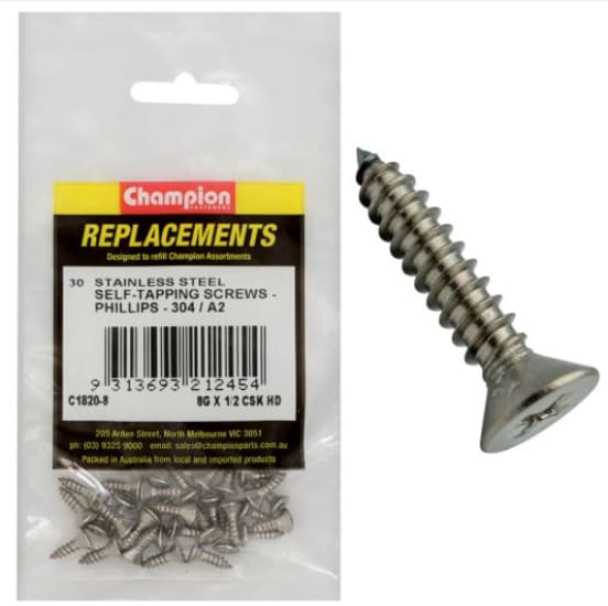 Durable 304 stainless steel 8G x 1/2" tapping screws with countersunk head, ideal for wood, metal, and DIY tasks, 30-pack.