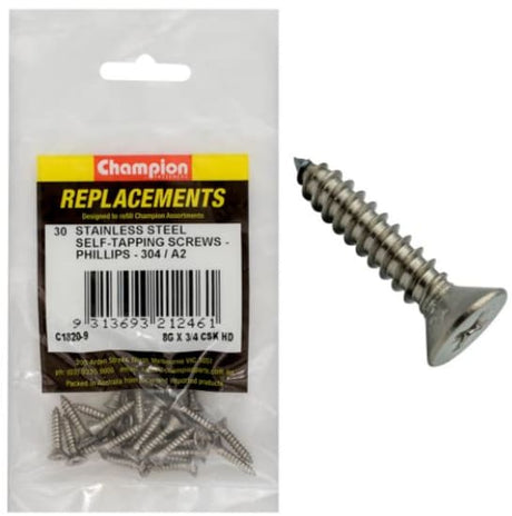 8G x 3/4" self-tapping screws with countersunk heads, Philips drive, stainless steel, perfect for various indoor and outdoor projects.