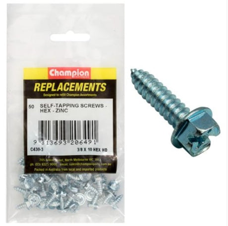 Pack of 50 hex head Phillips tapping screws, 10G x 3/8", for durable fastening in metal, wood, and plastic projects.