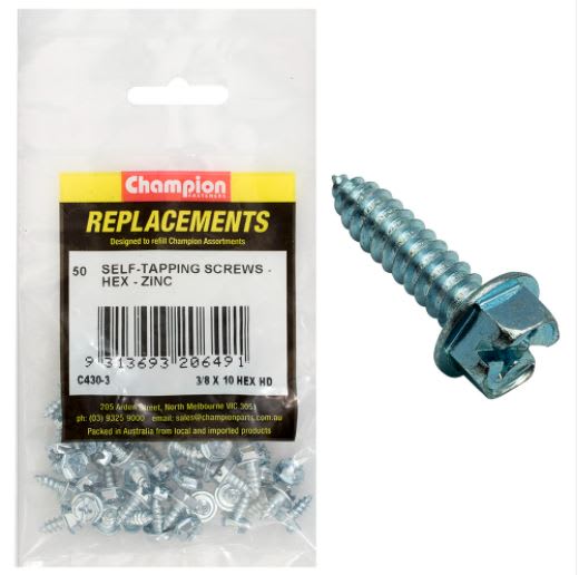 10G x 3/8" S/Tapping Screw Hex Head Phillips 50PK (50pk)
