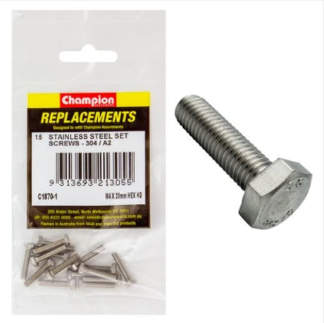 M4 x 20mm stainless set screws in a 15-pack, designed for durability and corrosion resistance in various projects.