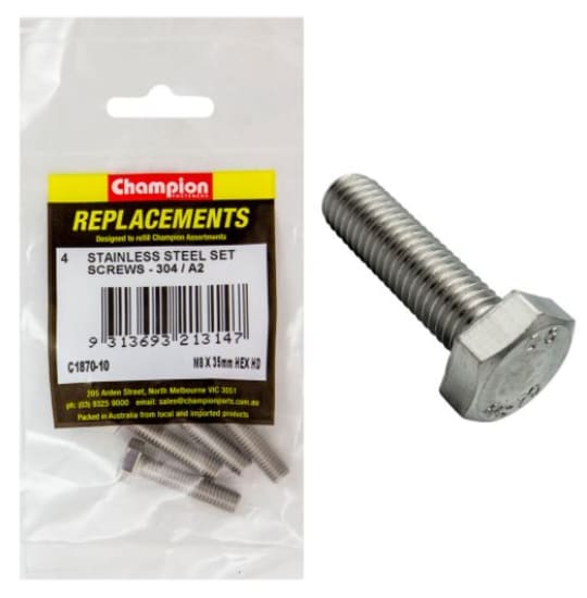 M8 x 35mm stainless set screw 304/A2 4-pack, durable and rust-resistant, ideal for DIY and professional use.