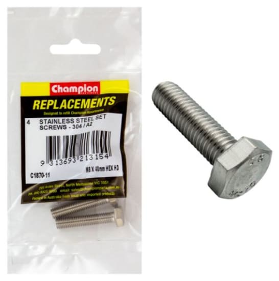 M8 x 40mm stainless set screws in a 4-pack, engineered for durability and corrosion resistance for various applications.