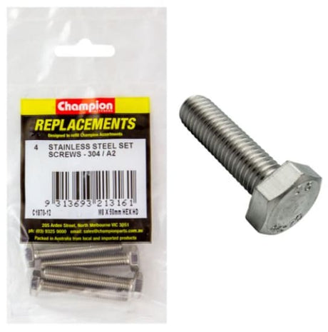 M8 x 50mm stainless set screws in a 4-pack, offering corrosion resistance for durable fastening in various applications.