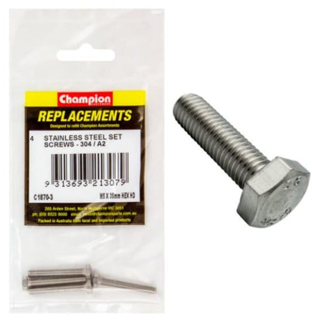 Stainless steel M5 x 35mm set screws in a 4-pack, ideal for machinery, furniture, and automotive projects.