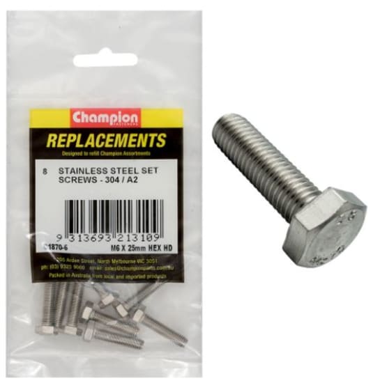 M6 x 25mm Stainless Set Screw 304/A2 8-pack, high corrosion resistance, ideal for various fastening applications with hex drive.