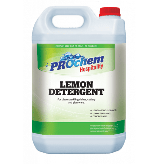 PROchem Lemon Detergent 5L, a biodegradable cleaner with a citrus scent, safe for all washable surfaces and effective against grime.