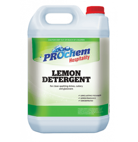 PROchem Lemon Detergent 5L, a biodegradable cleaner with a citrus scent, safe for all washable surfaces and effective against grime.