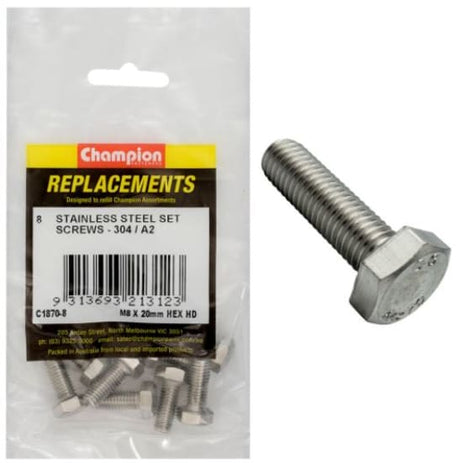 M8 x 20mm stainless set screws in an 8-pack, ideal for durable fastening in various projects with excellent corrosion resistance.