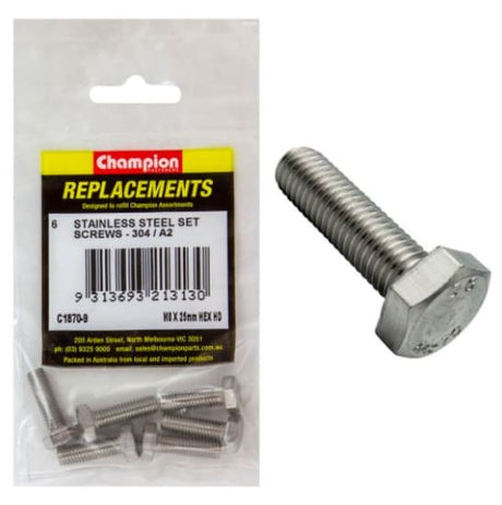 M8 x 25mm stainless set screws in a 6-pack, offering corrosion resistance for versatile indoor and outdoor applications.