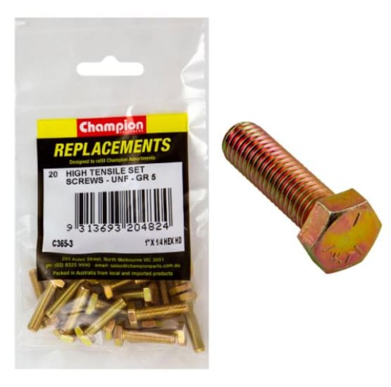 Grade 5 high-strength 1/4" x 1" UNF set screws; 20-pack for secure fastening in machines, vehicles, and DIY projects.