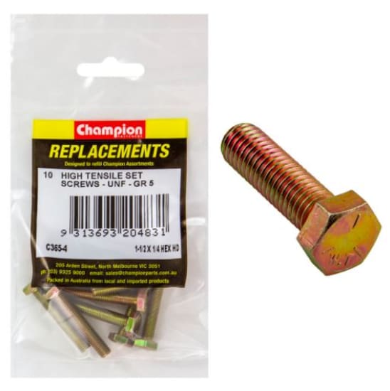 High-strength 1/4" x 1-1/2" UNF set screws, Grade 5, 10-pack for secure fastening in various applications.